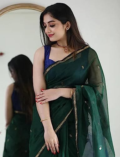 Image of SGF11 Women's Kanjivaram Soft Cotton Linen Silk Saree With Blouse Piece (Green Blue)