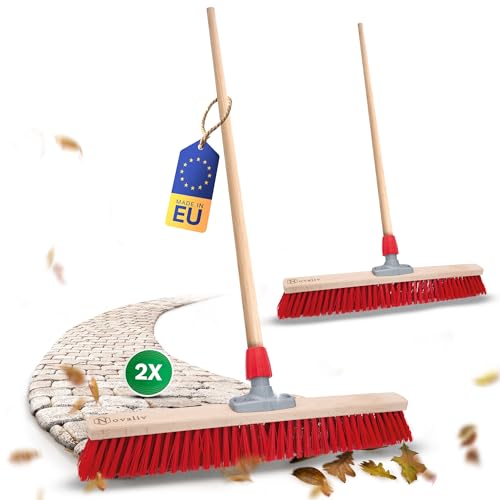 Novaliv Lot de 2 balais de rue avec manche 60 cm I Bois I Elaston Rouge I Gros Balai industriel Balai de rue large Balai de jardin pour extérieur