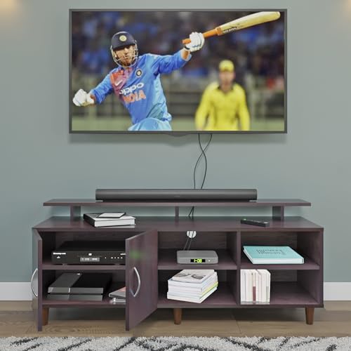 Image of VIKI Modern TV Unit for Living Room | Engineered Wood TV Cabinet with 2 Door Storage, 2 Open Shelves & Extension, Entertainment Unit, 140W x 48H x 40D cm | DIY | 1 Year Warranty (Wenge)
