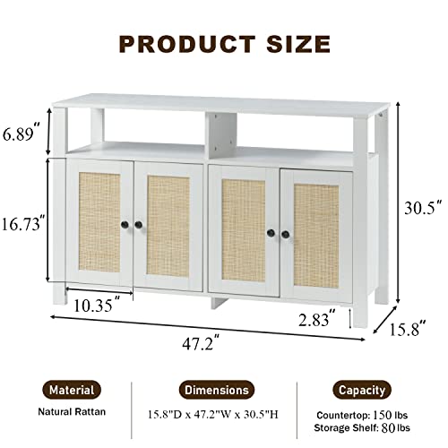 Buffet Cabinet With Storage, Accent Storage Cabinet With Natural Rattan Doors, Rattan Sideboard Buffet Cabinet With Drawers, White Rattan Cabinet With Adjustable Shelf For Living Dining Room, Hallway #TOP1