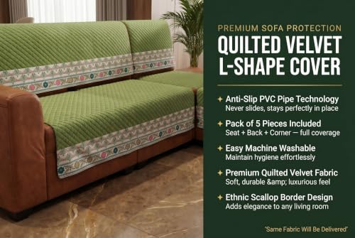 Image of KINGLY L-Shape Sofa Cover 7 Seater 4+3 Velvet Full Cover - Olive Green | Fully covered quilted velvet slipcover, washable anti-slip furniture protector, L-type corner sofa cover for living room