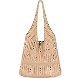WantGor Crochet Bags, Beach Mesh Tote Bag Womens Shoulder Shopping Handbag Casual Travel Totes Bag Foldable Hobo Bags (Brownish Yellow)