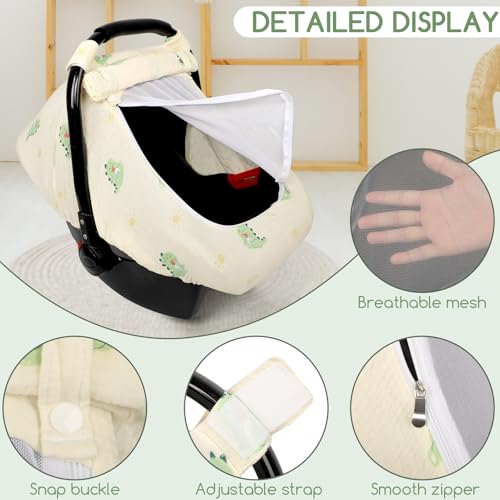 Image of Muslin Baby Car Seat Cover for Boys Girls, Infant Carseat Canopy with Breathable Mesh Peep Window, Summer Lightweight Sunshade Carrier Cover for Newborn, Green Dinosaur