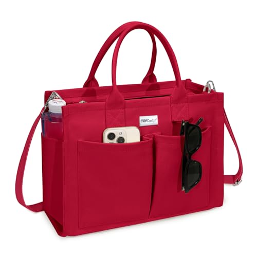 TOPDesign Heavy-Duty Canvas Tote Bag for Women Adjustable Crossbody Handbag with 9 Pockets for Work Travel (Red)