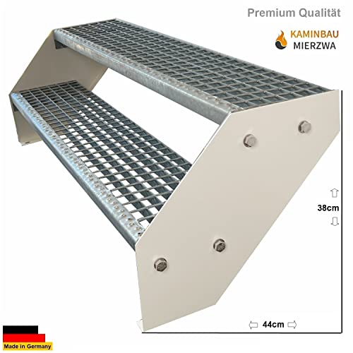 Kaminbau Mierzwa Premium Stahl Treppe Verzinkt & Weiß Pulverbeschichtet 2 Stufen (Breite 80 cm) (Höhe 38 cm) Wetterfest Gitterroststufe Gartentreppe