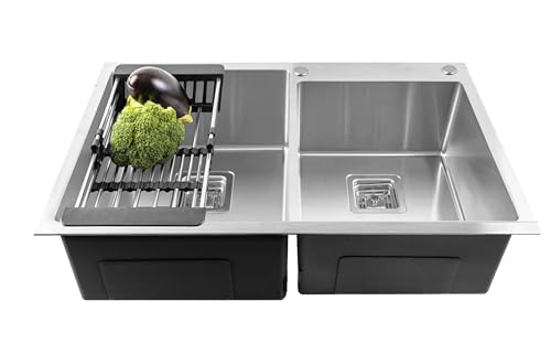 Image of Fossa 32 inchx18 inchx10 inch Inch Double Bowl With Tap Hole Premium Stainless Steel Handmade Kitchen Sink (Matte Finish) Silver
