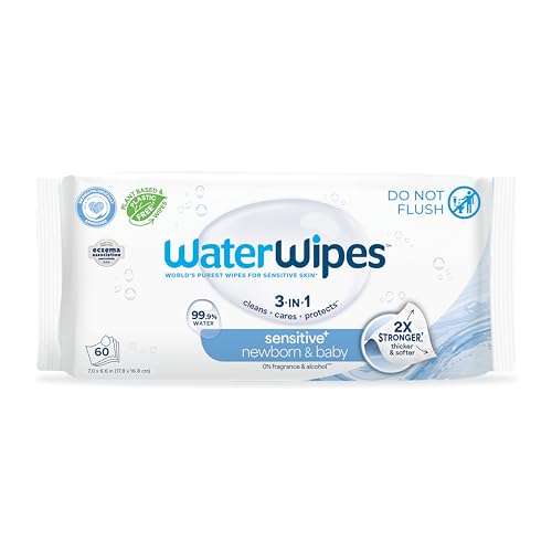 Image of WaterWipes Sensitive+ Newborn & Baby Wipes, 3-In-1 Cleans, Cares, Protects, 99.9% Water, Unscented & Hypoallergenic, 60 Count