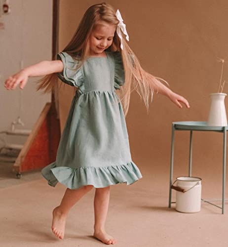 Girls Dress Linen Boho Party Ruffle Sleeve A-Line Floral Hem Loose Fit Summer Outfits for 5-12 Years Kids3
