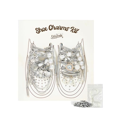Rhinestone Shoe Laces & Charms Kit, 120cm/47in Glitter Shoe Laces Set with Pearl and Crystal Charms, Loose Rhinestones & Clear Elastic Cord, DIY Sneaker Accessories Gift for Women Teens Boots