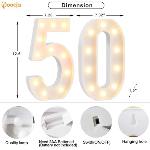 Image of Pooqla 50th Birthday Decorations for Women Men, Large 12.6 in Tall Light Up Numbers for Party Decorations Table Decor, Big Marquee Numbers 50th Birthday Gift for Women Men Wedding Anniversary Decor