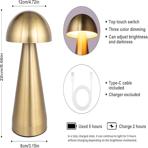 Image of Big Mushroom Gold Table Lamp with 3 Color Modes Warm Cool Natural Light, Stepless Dimming,1200 mAh Rechargeable Battery, Cordless LED Light, Premium Finish for Bedroom Bedside Desk Home Decor