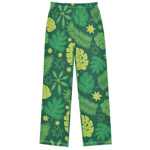 Boy's Pj Pants Yellow Green Tropic Leaf Lounge Bottoms Elastic Waist Kids Joggers with Pockets Size 6-14