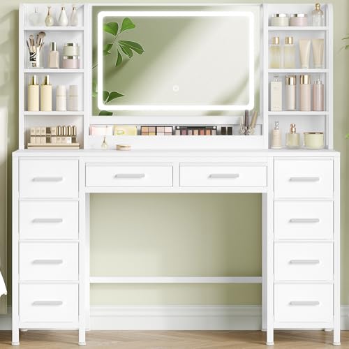 HEXCELEN 134,5 cm Tocador con Grote Espejo, Tocador de Maquillaje con Luz LED, 3 Colores, Brillo Ajustable, 10 Cajones, 8 Compartimentos Abiertos, Blanco