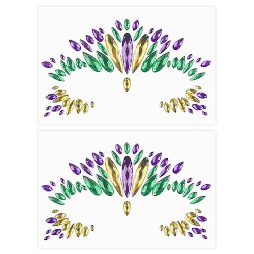 2 Sheets Mardi Gras Face Gems Jewels Stickers Self-Adhesive Mardi Gras Eye Gems Sticker Purple Green Gold Glitter Crystals Decoration Mardi Gras Outfit for Women Party Costume Cosplay Makeup