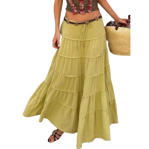 Maxi Skirts for Women Summer Casual Vacation, Drawstring Elastic High Waist Ruffles Maxi Skirts Solid Color