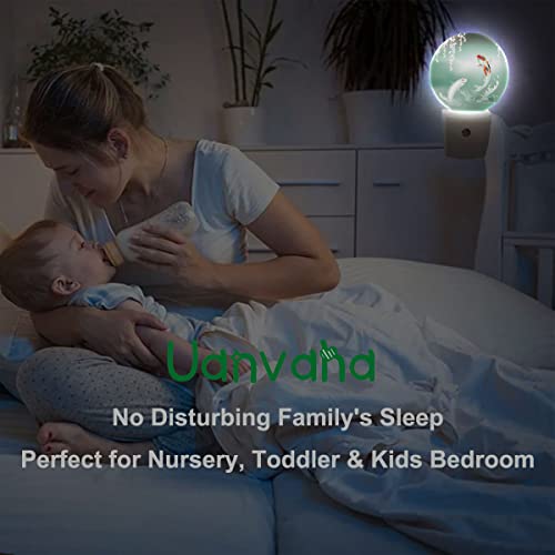Image of Pond Fish Night Light Two Fishes Jump Over Lake Flowers Branch Sage LED Dusk to Dawn Plug-in Nightlight Auto Sensor for Bedroom Bathroom Hallway Living Room