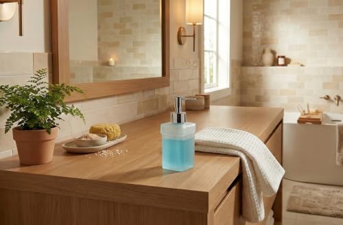 Image of Luxury Frosted Glass Soap Dispenser with Chrome Pump | Square Modern Design | Refillable Hand Lotion & Liquid Soap for Bathroom & Kitchen Countertop