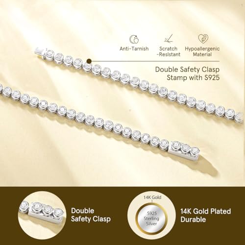 925 Sterling Silver Tennis Bracelet Round Cubic Zirconia Classic CZ Gemstone Imitation Diamond Bracelet Fine Jewelry Birthday Gifts for Women Mom Wife Her, Chain Length 6.3+1.6 Inch3