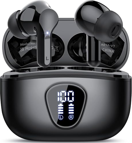 Auriculares Inalámbricos Bluetooth, Auriculares Bluetooth 5.4 con Controlador de 14,2 mm, Sonido Envolvente, 48H Cascos Inalámbricos con Reducción de Ruido, Pantalla LED, IP7 Impermeable, Negro