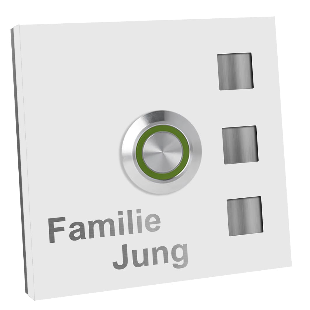 Jung-Edelstahl-Design Türklingel mit Gravur Köln Klingelplatte 7 x 7 cm. Led Taster. Weiss pulverbeschichtetes Klingelschild V2a Edelstahl. (LED grün)
