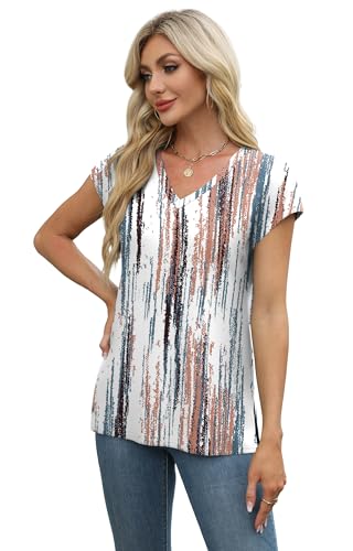 XIEERDUO Womens Tops V Neck Cap Sleeve Loose Fit Tee Shirts Summer Spring 2025 Eyelet/Printed4