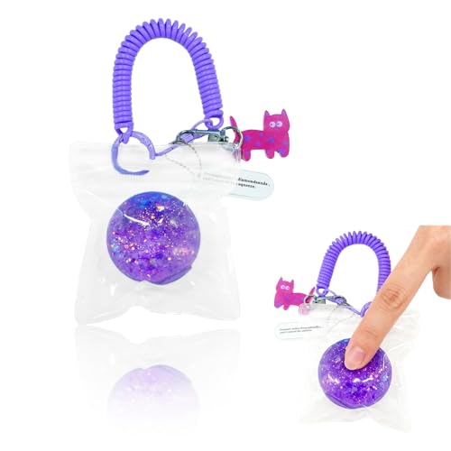 LLQQJJ Vibrant Purple Stress Relieve Ball Keychain Wristlet - Spring Coil Lanyard with Pink Cat Charm & Motivational Quote Gift| Cute Bag Keychain Fashion Accessory