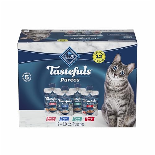 Blue Buffalo Tastefuls Purées Natural Cat Food Complement with 5 Ingredients, Chicken, Tuna, Beef, 3-oz Resealable Pouches, 12-ct Variety Pack