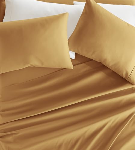 GIGBEI Ultra soft brushed microfiber sheets, easy care, 16 inch deep pocket, twin xl size, gold, adjustable, lightweight, durable, portable, user-friendly