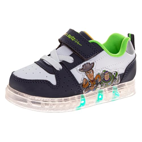 Josmo Boys Toy Story Light-Up Sneakers LED Running Shoes Strap Woody & Buzz Lightyear- Blue White Size 7 Toddler