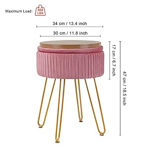 Stripe Velvet Vanity Chair Round OttomanUpholstered Vanity Makeup Footstool Side Table Dressing Chair with Golden Metal Legs Pink Round Storage