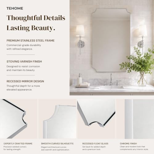 Image of TEHOME 24x40'' Chrome Scalloped Bathroom Mirrors, Silver Decorative Bathroom Vanity Mirror