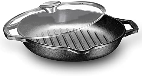Bruntmor Enameled Cast Iron Skillet Deep Round Grill Pans For Stove Tops with Glass Lid|10 Inch Frying Pan Cast Iron Skillets with Double Loop Handles & Lid Safe for Oven & all Cooking Tops, Black