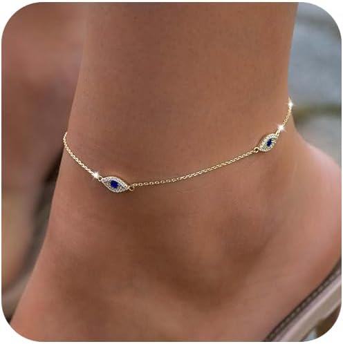 LEXODY Silver/Gold Anklets for Women, Sterling Silver Evil Eye Ankle Bracelets for Women Trendy Dainty Waterproof Anklets Set Adjustable Layered Anklet Bracelets for Women Silver Jewelry Gift