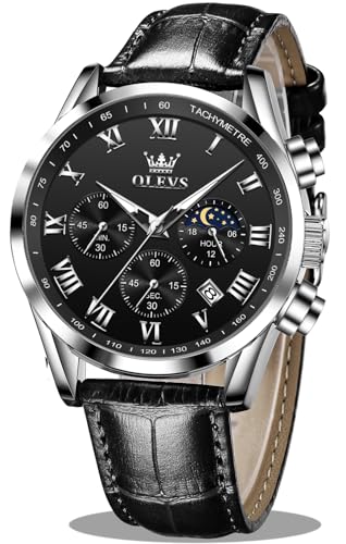 Image of OLEVS Men's Leather Analog Quartz Watch - Luxury Chronograph Wristwatch with Date, Waterproof, Luminous - Dress Style