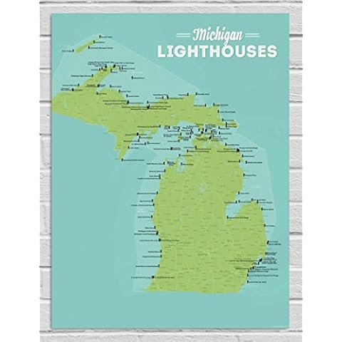 Best Maps Ever Michigan Lighthouses Checklist 18x24 Poster (Green & Aqua) Cover