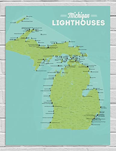 Best Maps Ever Michigan Lighthouses Checklist 18x24 Poster (Green & Aqua)