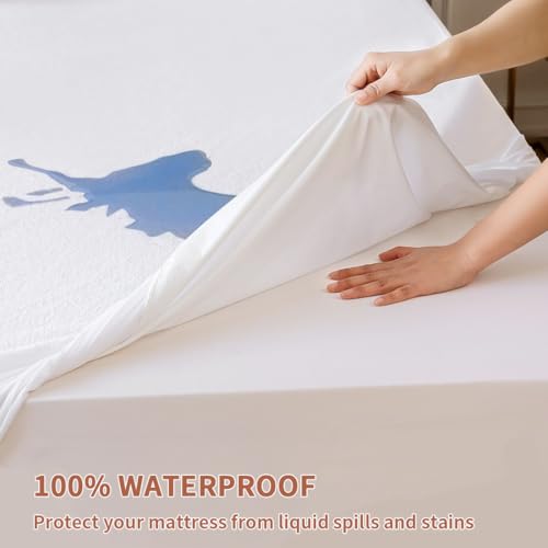 Image of Terry Twin XL Size 100% Waterproof Mattress Protector - Absorbent, Noiseless, and Fitted for 18'' Deep Pockets, Terry Cloth Cover, Machine Washable for High Protection