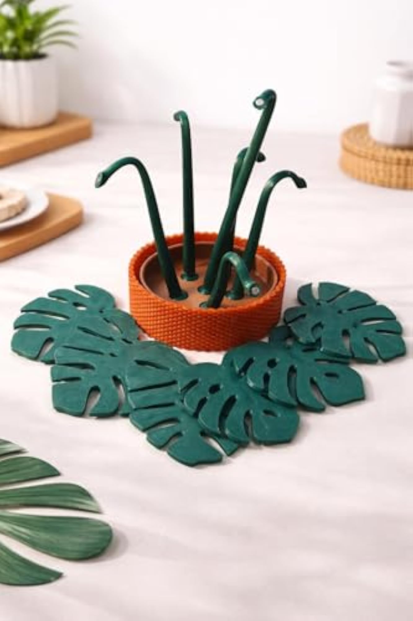 Decorative Monstera Leaf Coaster Set with Holder