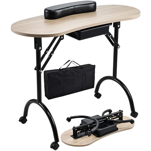 Joligrace Professional Foldable & Portable Manicure Table Nail Technician Desk Workstation 4 Lockable Wheels with Drawer Client Wrist Pad Free Carrying Bag Travel Nail Tech Spa Beauty Table Wooden