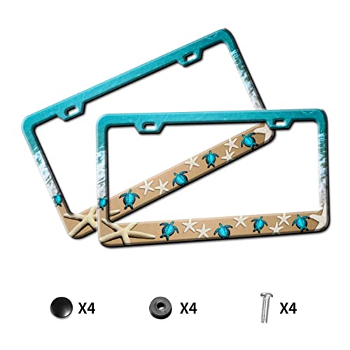 Sea Turtle Beach License Plate Frames Turquoise Car Accessories Aluminum Stainless Metal License Plate Holder Auto Car Accessories Tag Decorations With 2 Holes Screws Standard Size 2 Pcs Set For Men #TOP1