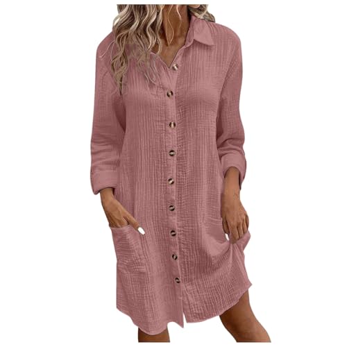 Generisch Damenkleider Sommer,Musselin Kleid Damen Sommerkleid Damen Button Down Leinenkleid Strandkleid Casual V-Ausschnitt Minikleid Kurzarm...