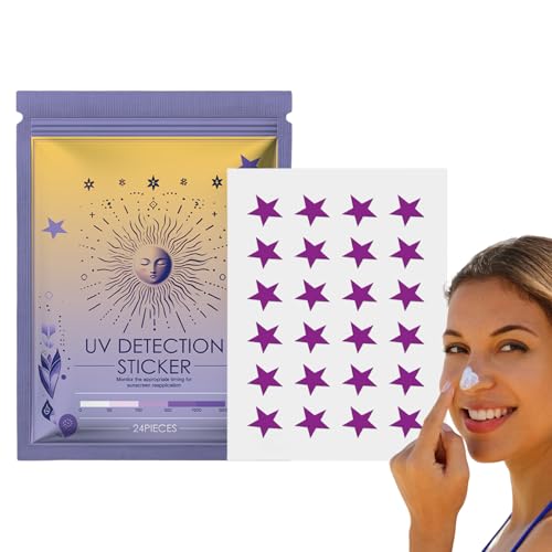 GkgWuxf Pegatinas UV para protector solar, juego de 24 parches solares para la cara, en de estrella, recordatorio de reaplicación de protector solar para tomar el sol, golf, playa al aire libre