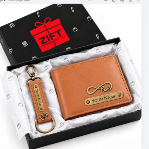 Image of Zift Personalized Name & Charm Leather Wallet & Keychain Gift Set for Men | Custom Name Engraved Wallet with Keychain | Birthday Anniversary Diwali Corporate Gifts for Men (Caramel Tan)