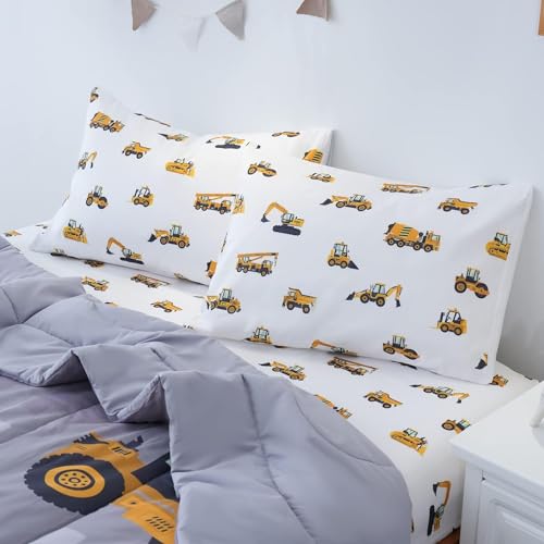 Image of Cokouchyi Full Size Comforter Set for Boys, 5-Piece Bed in a Bag, 3D Construction Bedding Comforter Sheet Set, Ultra Soft and Fluffy, Cartoon Truck Cars