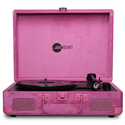 Arkrocket Curiosity Maleta tocadiscos Bluetooth Vintage 3 velocidades reproductor de grabación con altavoces incorporados, sonido de audio mejorado (terciopelo rosa caliente)