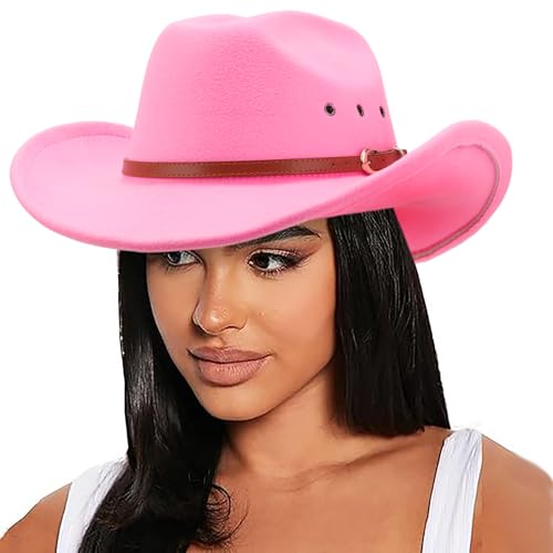 Image of DRESHOW Cowboy Hat for Women and Men Western Felt Cowboy Cowgirl Hat Wide Brim Belt Buckle Retro Fedora Hats Unisex Caps