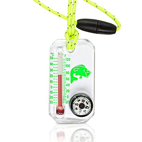 Sun Company Wildlife Therm-o-Compass - Thermometer and Compass for Kids with UV Exposure Decal | Reflective Lanyard and Fun Animal Designs | Camping and Hiking Accessory for Children (Green Bass)