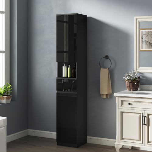 Image of Black 170cm Tall Bathroom Cabinet 30cm Slim Narrow Bathroom Storage Unit