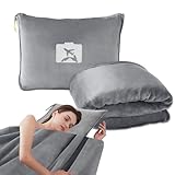 CLIUNT Reisedecke für Flugzeug & Auto, Weiche Flugzeugdecke mit Kopfkissenbezug, 127x152CM Reisedecke Kissen 2 in 1, für Urlaub, Büro, Zuhause, Geschäftsreisen(Grau)