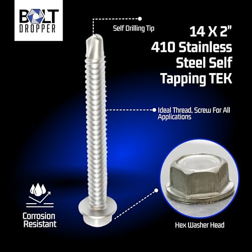 Bolt Dropper #14 x 2 Inches Stainless Steel TEK Screws - Pack of 50 Self-Tapping Screws - Corrosion-Resistant External Hex Washer Head Screws for Wood, Metal, Wet Environments, and Outdoor Projects - Thumbnail 5